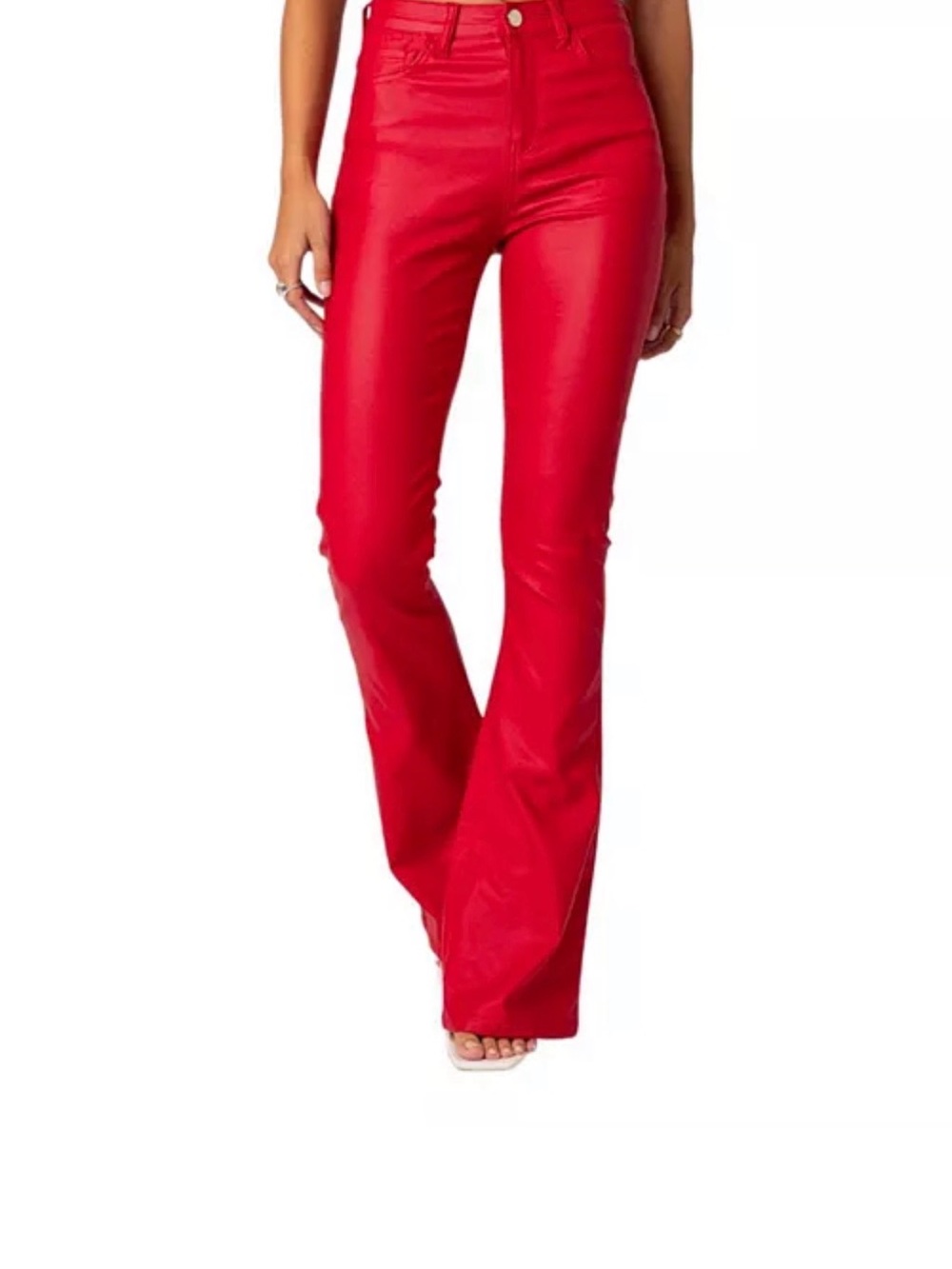 Edikted Luna Faux Leather Flare Jeans in Red - Size Small - Picture 6 of 6